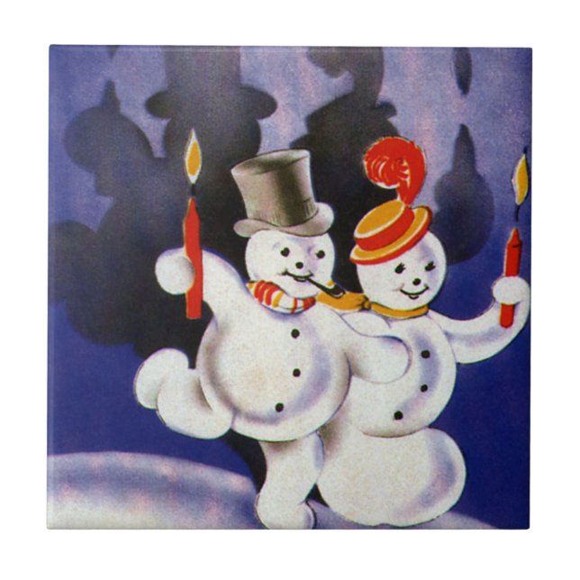 Vintage Christmas Dancing Snowmen with Candles Tile (Front)