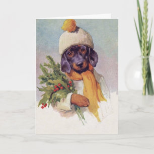 Vintage Christmas Dashshund (Message Inside), Holiday Card
