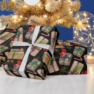 Vintage Christmas Decorated Gifts Black Wrapping Paper