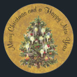 Vintage Christmas, Decorated Victorian Tree Classic Round Sticker<br><div class="desc">Vintage illustration Merry Christmas holiday image featuring a decorated pine tree. This classic Victorian fir tree die cut has burning candles for lights,  strings of beads,  ornaments and toys for decorations.</div>