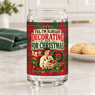 Vintage Christmas Decorating Holiday Plaid Can Glass