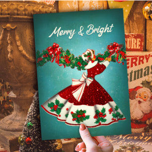 Vintage Christmas decoration red glitter girl  Holiday Card