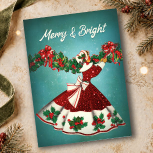 Vintage Christmas decoration red glitter girl Postcard
