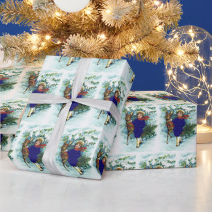 Vintage Christmas deer and child Wrapping Paper