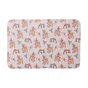 Vintage Christmas Deer and Mushroom Houses Pattern Bath Mat