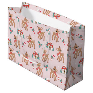 Vintage Christmas Deer and Mushroom Houses Pattern Large Gift Bag