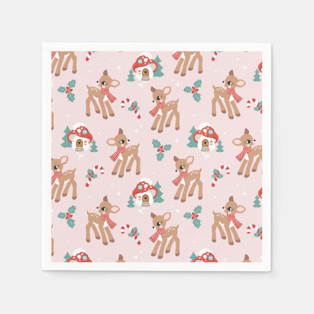 Vintage Christmas Deer and Mushroom Houses Pattern Napkin (Front)