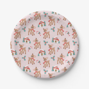 Vintage Christmas Deer and Mushroom Houses Pattern Paper Plate