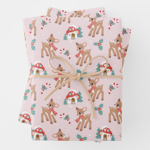 Vintage Christmas Deer and Mushroom Houses Pattern Wrapping Paper Sheet