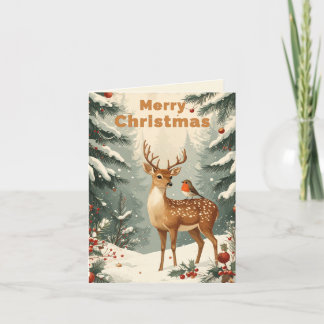 Vintage Christmas Deer and Robin Woodland Holiday Card