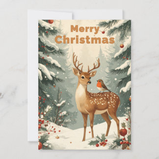 Vintage Christmas Deer and Robin Woodland Holiday Card