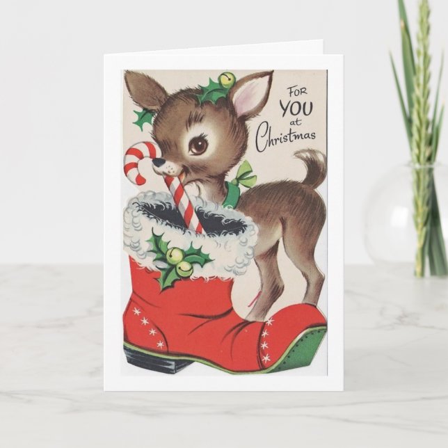 Vintage - Christmas Deer Brings Candy Cane, Holiday Card (Front)