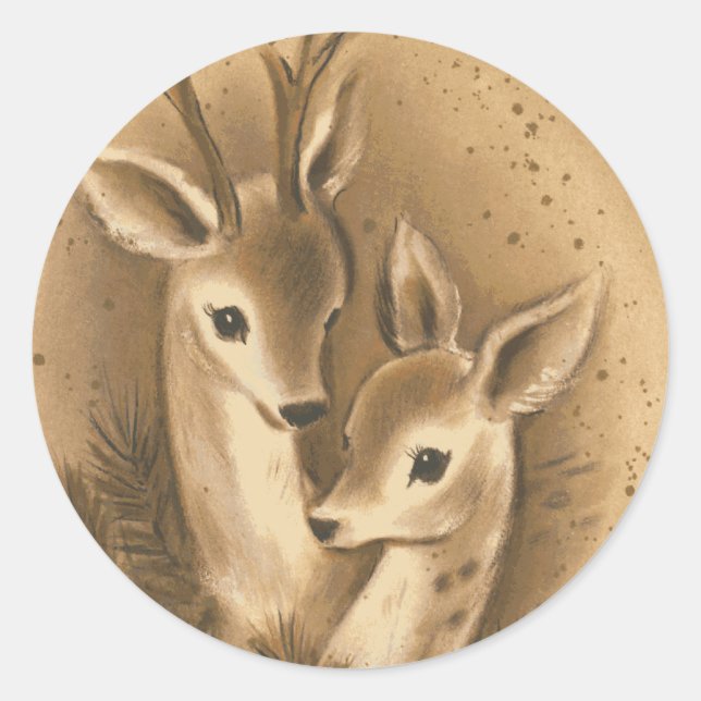 Vintage Christmas Deer Classic Round Sticker (Front)