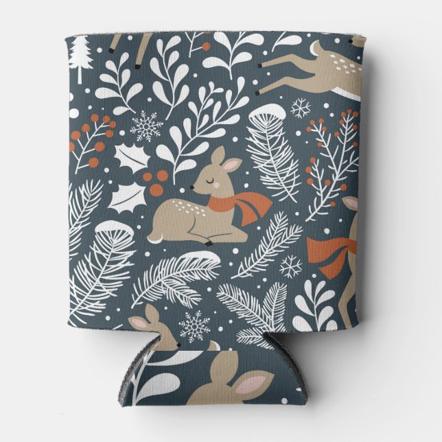 Vintage Christmas deer, festive design Can Cooler (Front)