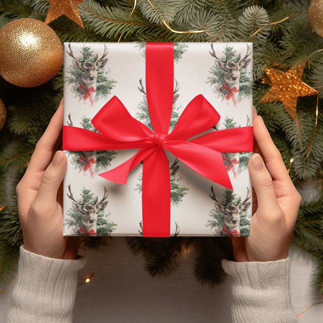 Vintage Christmas Deer & Red Bow | Wrapping Paper (Creator Uploaded)