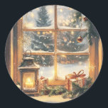 Vintage Christmas Design. Double side art. Santa Classic Round Sticker<br><div class="desc">Vintage Christmas artwork. Winter Christmas scene on one side and Vintage Santa on the other. Beautiful art to display for the holidays.</div>