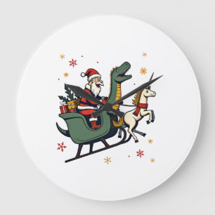 Vintage Christmas Dinosaur Unicorn Sleigh Funny Ho Large Clock