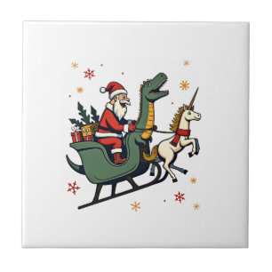 Vintage Christmas Dinosaur Unicorn Sleigh Funny Ho Tile