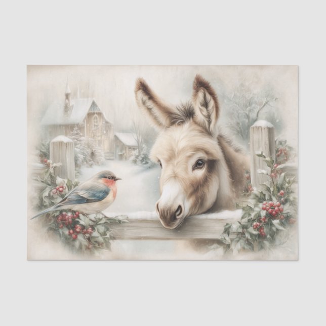 Vintage Christmas Donkey and Robin Decoupage Tissue Paper (Front)