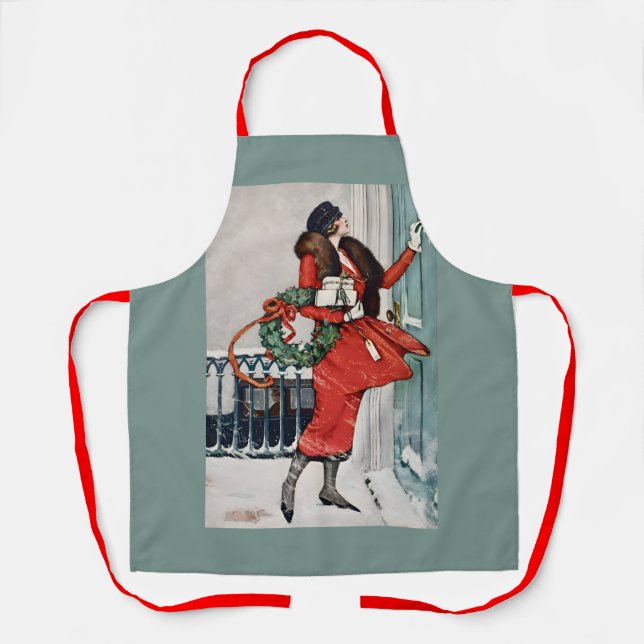 Vintage Christmas Doorstep Illustration Apron (Front)