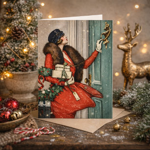 Vintage Christmas Doorstep Illustration Card
