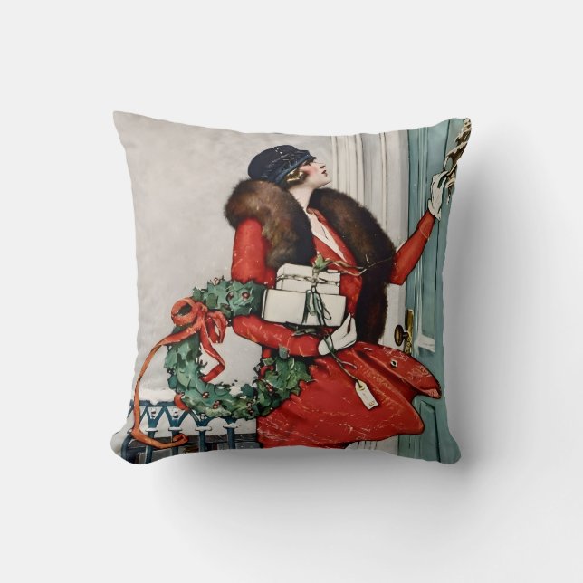 Vintage Christmas Doorstep Illustration Cushion (Front)