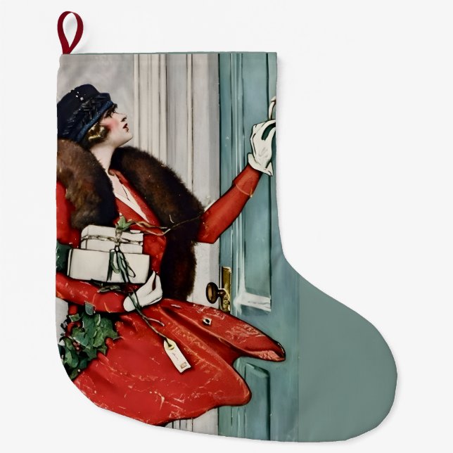 Vintage Christmas Doorstep Illustration Large Christmas Stocking (Front)