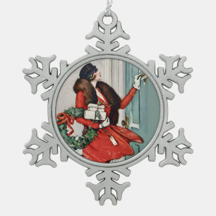 Vintage Christmas Doorstep Illustration Snowflake Pewter Christmas Ornament