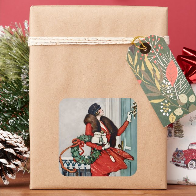 Vintage Christmas Doorstep Illustration Square Sticker (Holiday)