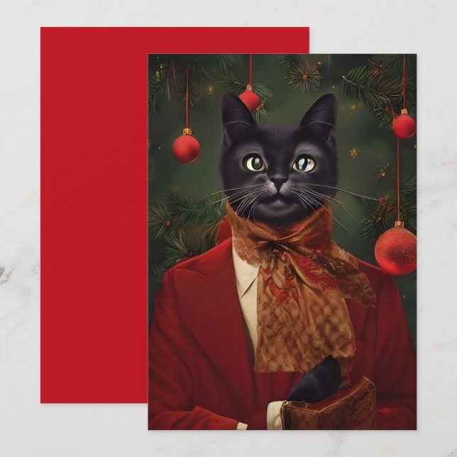 Vintage Christmas Dressed Cat Flat Note Card (Front/Back)