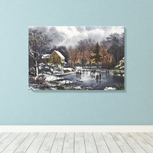Vintage Christmas, Early Winter Skaters on a Pond Canvas Print