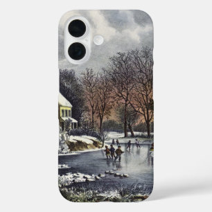 Vintage Christmas, Early Winter Skaters on a Pond iPhone 16 Case
