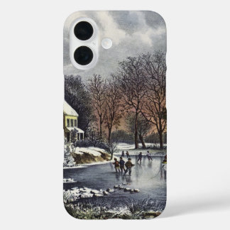 Vintage Christmas, Early Winter Skaters on a Pond iPhone 16 Case