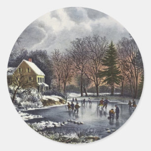 Vintage Christmas, Early Winter Skaters on a Pond Classic Round Sticker