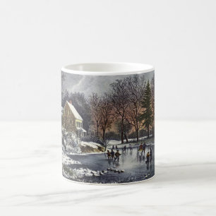 Vintage Christmas, Early Winter Skaters on a Pond Coffee Mug