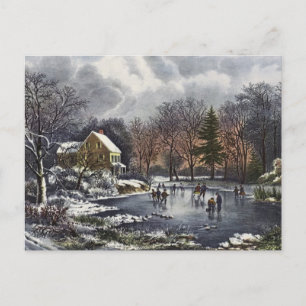 Vintage Christmas, Early Winter Skaters on a Pond Holiday Postcard