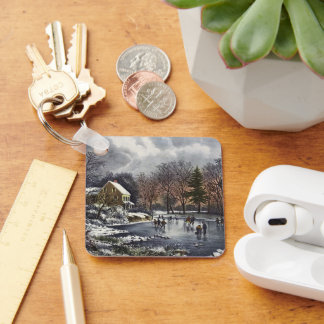 Vintage Christmas, Early Winter Skaters on a Pond Key Ring