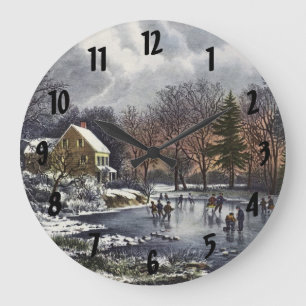 Vintage Christmas, Early Winter Skaters on a Pond Large Clock