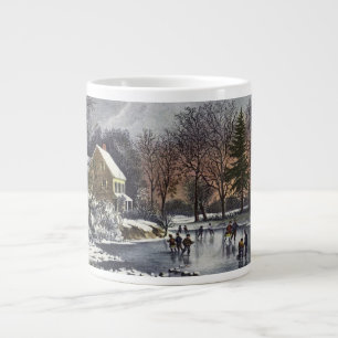 Vintage Christmas, Early Winter Skaters on a Pond Large Coffee Mug
