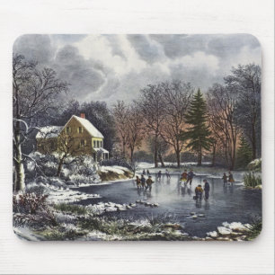 Vintage Christmas, Early Winter Skaters on a Pond Mouse Mat