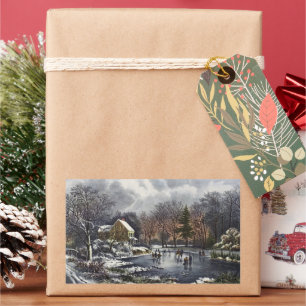 Vintage Christmas, Early Winter Skaters on a Pond Rectangular Sticker