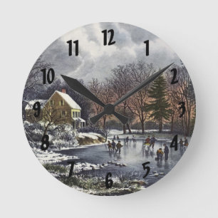 Vintage Christmas, Early Winter Skaters on a Pond Round Clock