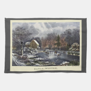Vintage Christmas, Early Winter Skaters on a Pond Tea Towel