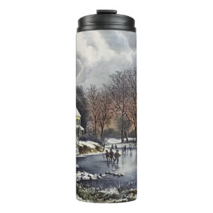 Vintage Christmas, Early Winter Skaters on a Pond Thermal Tumbler