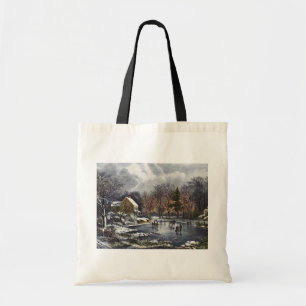 Vintage Christmas, Early Winter Skaters on a Pond Tote Bag