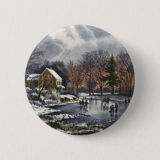 Vintage Christmas, Early Winter Skaters on Pond 6 Cm Round Badge