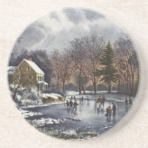 Vintage Christmas, Early Winter Skaters on Pond Coaster