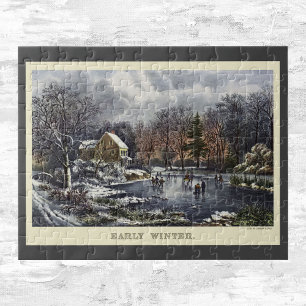 Vintage Christmas, Early Winter Skaters on Pond Jigsaw Puzzle