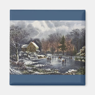 Vintage Christmas, Early Winter Skaters on Pond Magnet
