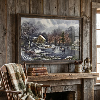 Vintage Christmas, Early Winter Skaters on Pond Poster